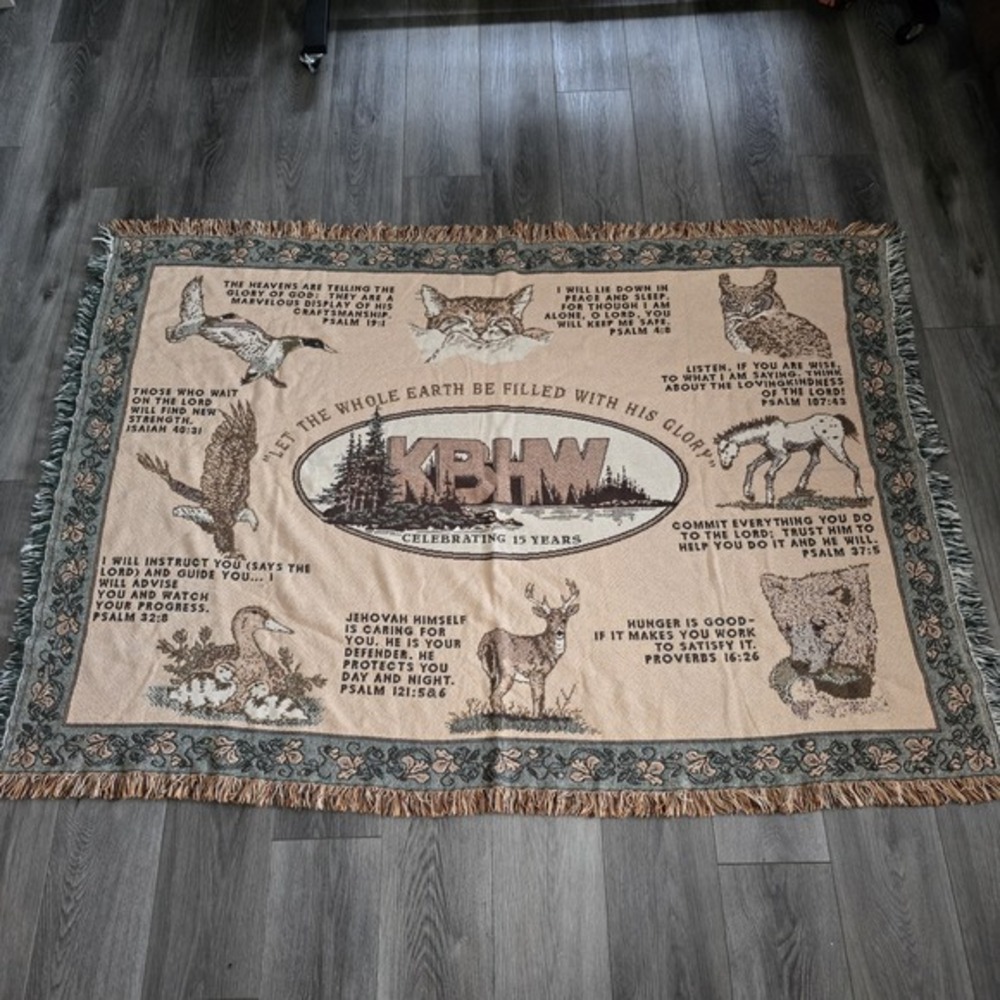 Vtg KBHW Radio Station Wildlife Animals Christian Bible‎ Versus Blanket Tapestry